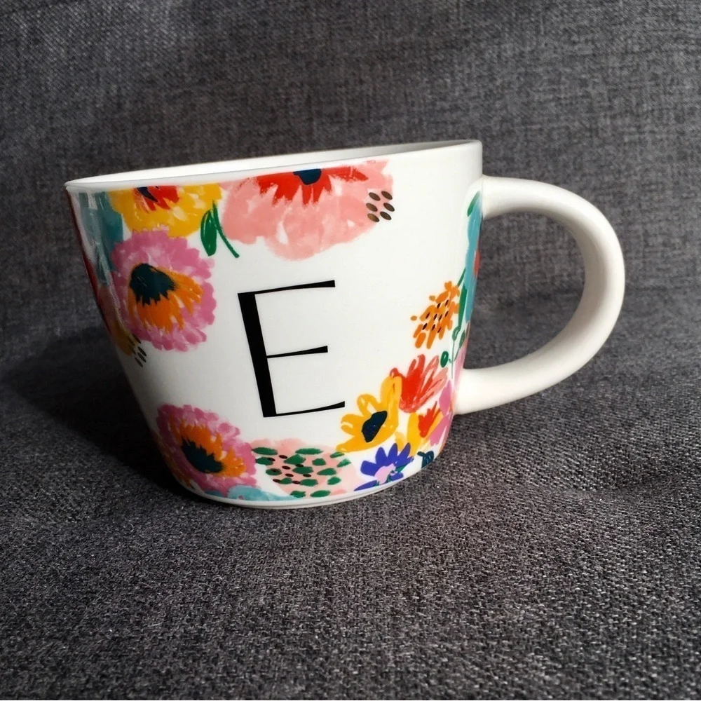 Floral E Initial Mug White Black Pink Blue Yellow 16 oz